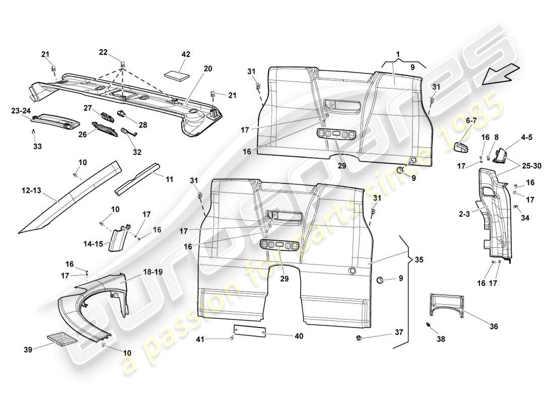 lamborghini gallardo spyder (2008) dach- und säulenverkleidungen ersatzteildiagramm