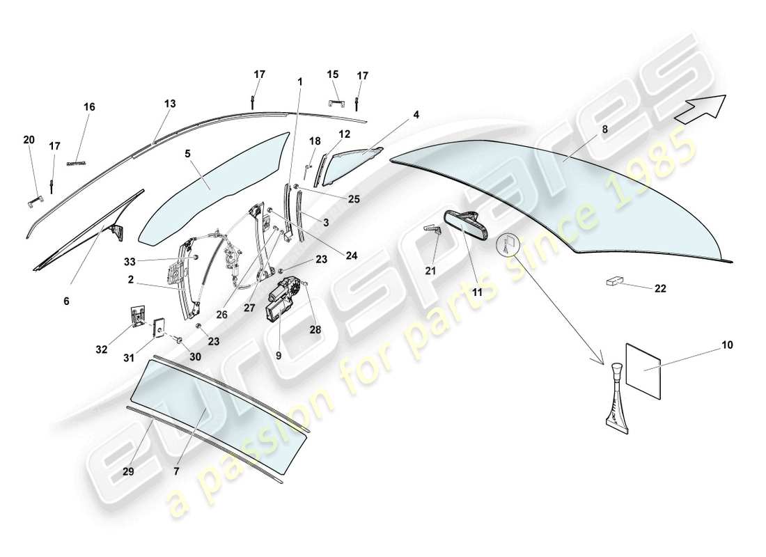 lamborghini lp560-4 coupe (2013) fenstergläser ersatzteildiagramm