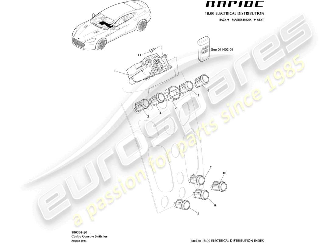 aston martin rapide (2011) teilediagramm für mittelkonsolenschalter