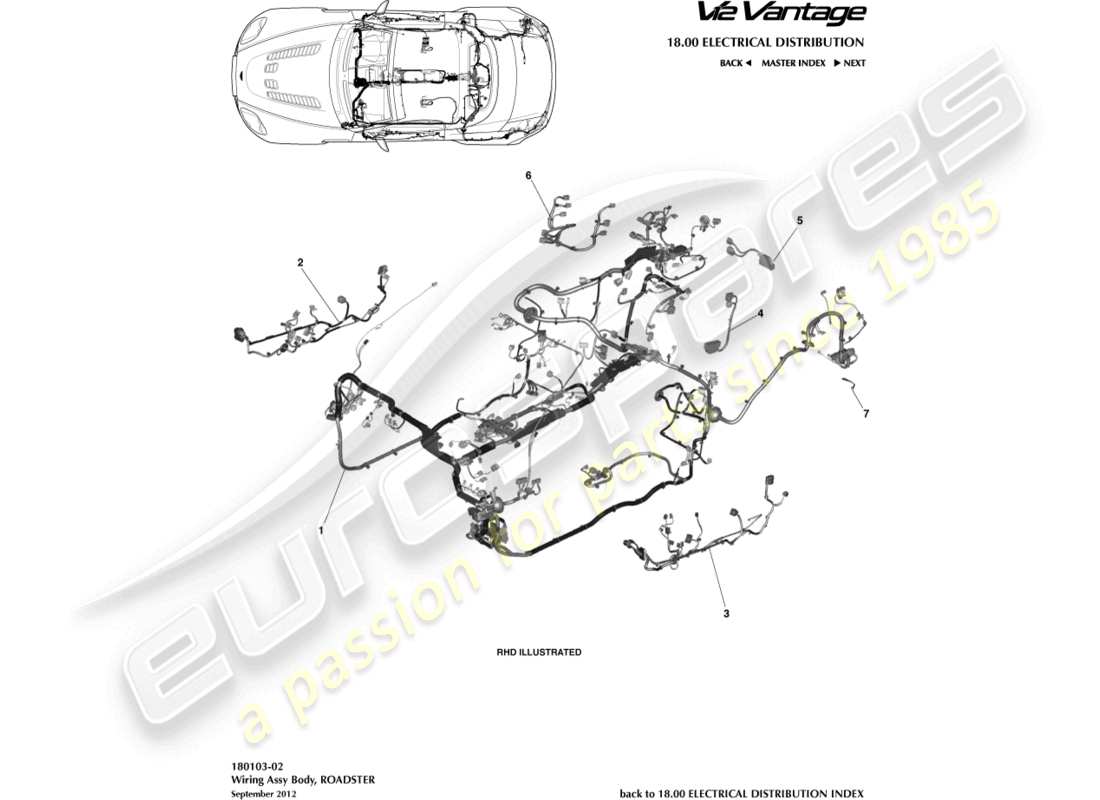 aston martin v12 vantage (2011) karosseriekabelbaum, roadster-ersatzteildiagramm