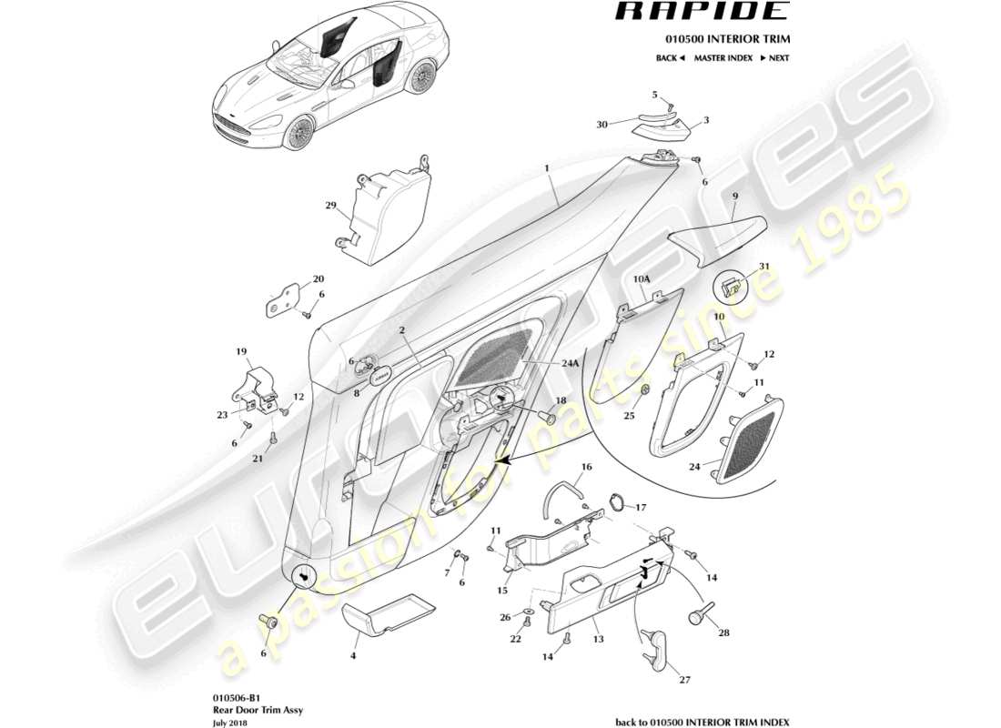 aston martin rapide (2013) teilediagramm der hecktürverkleidung