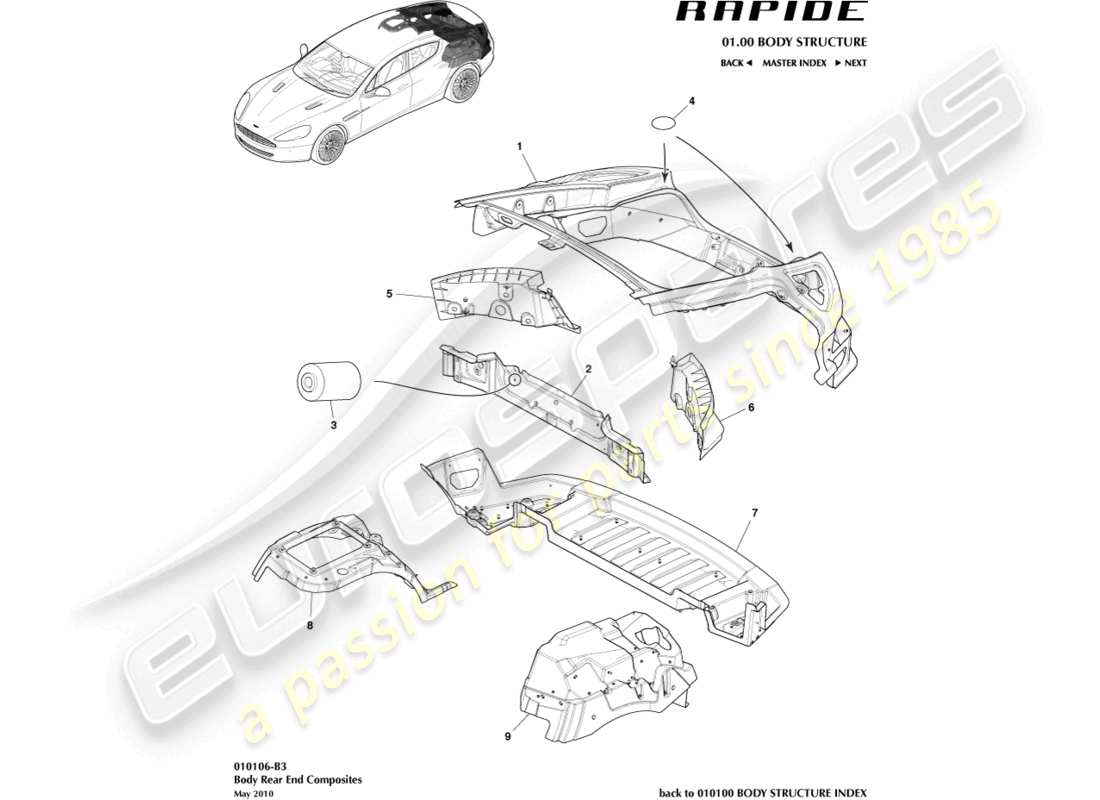 aston martin rapide (2011) teilediagramm für verbundwerkstoffe der karosserieheckpartie