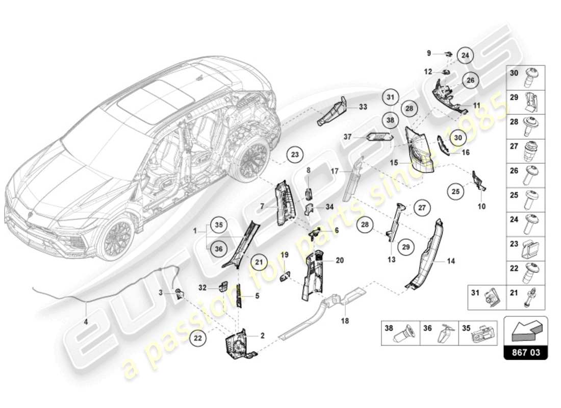 lamborghini urus (2020) säulenverkleidung ersatzteildiagramm