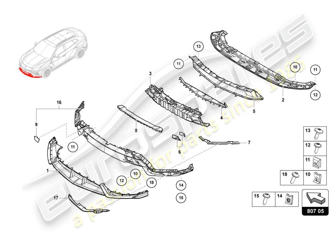 lamborghini urus (2022) stoßstange, komplett aus carbon ersatzteildiagramm