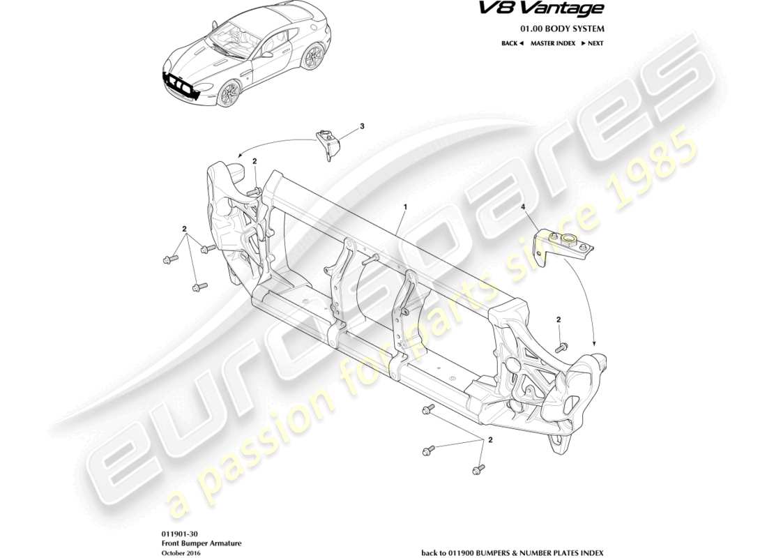 aston martin v8 vantage (2011) teilediagramm für die vordere stoßstangenarmatur