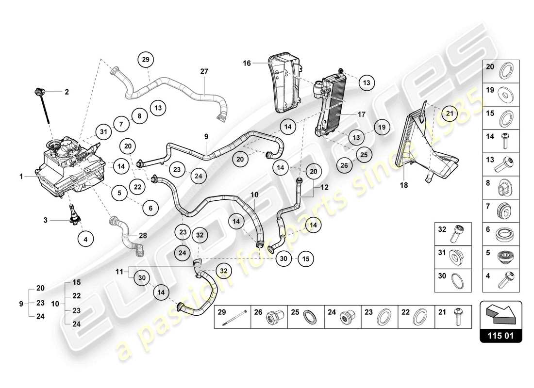 lamborghini evo coupe (2022) hydrauliksystem und flüssigkeitsbehälter mit anschlussstücken ersatzteildiagramm