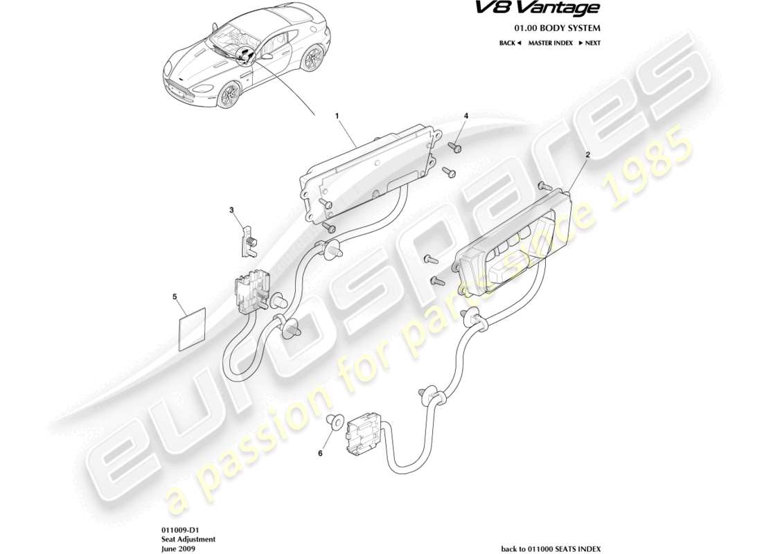 aston martin v8 vantage (2006) teilediagramm zur vordersitzeinstellung