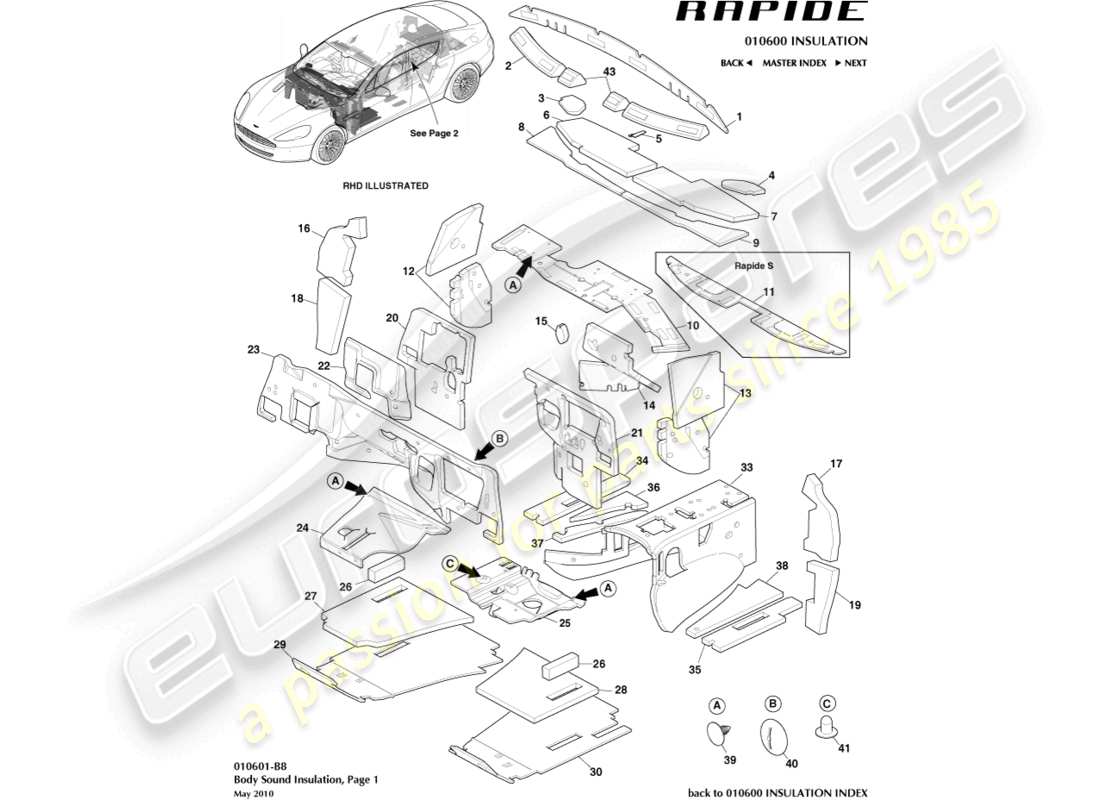 aston martin rapide (2018) geräuschdämmung, vorderteil-diagramm