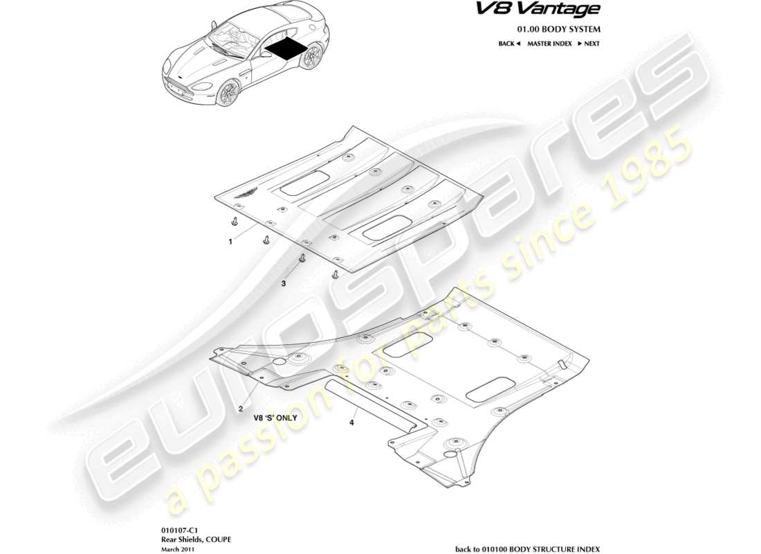 aston martin v8 vantage (2018) teilediagramm für hinteren unterbodenschutz