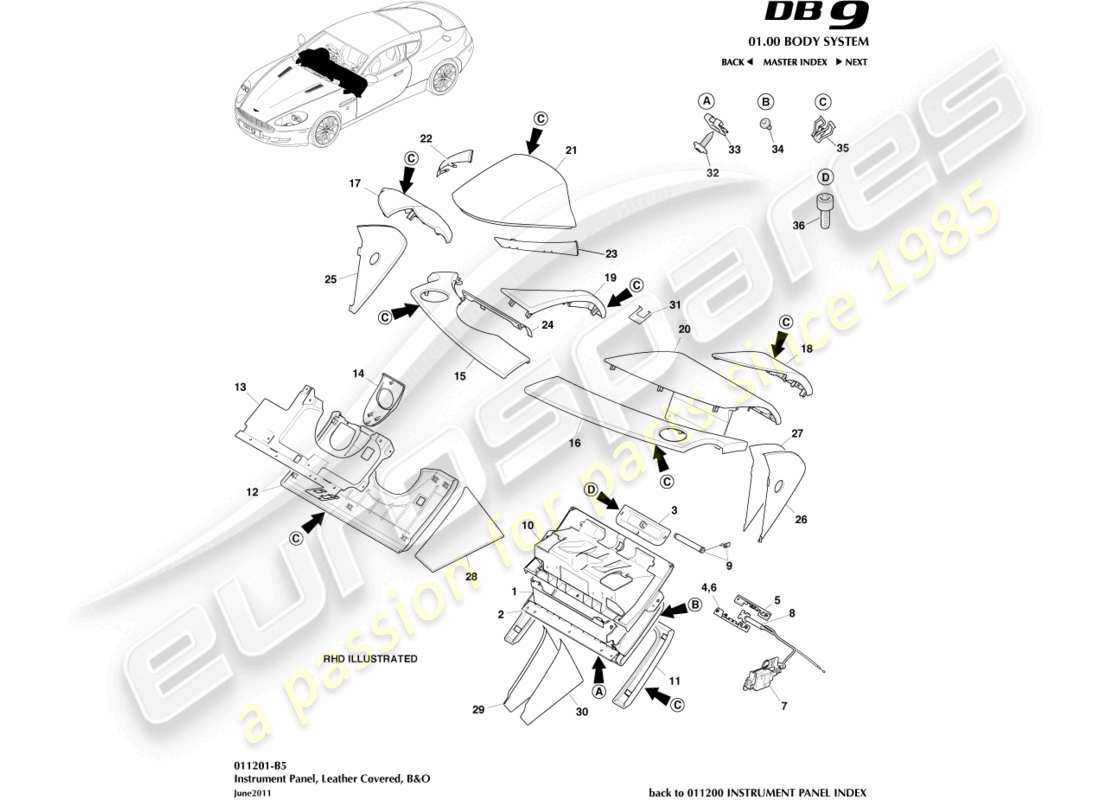aston martin db9 (2012) instrumententafel, leder, b&o-ersatzteildiagramm