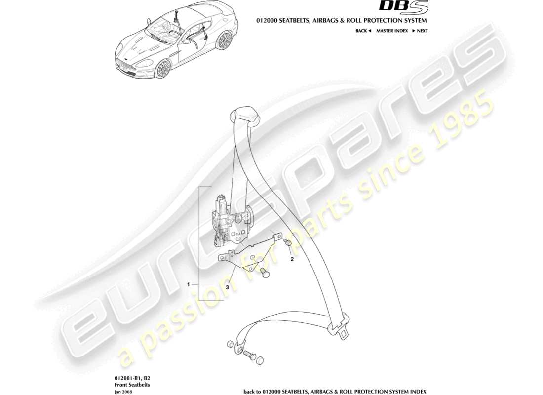 aston martin dbs (2008) teilediagramm für vordere sicherheitsgurte