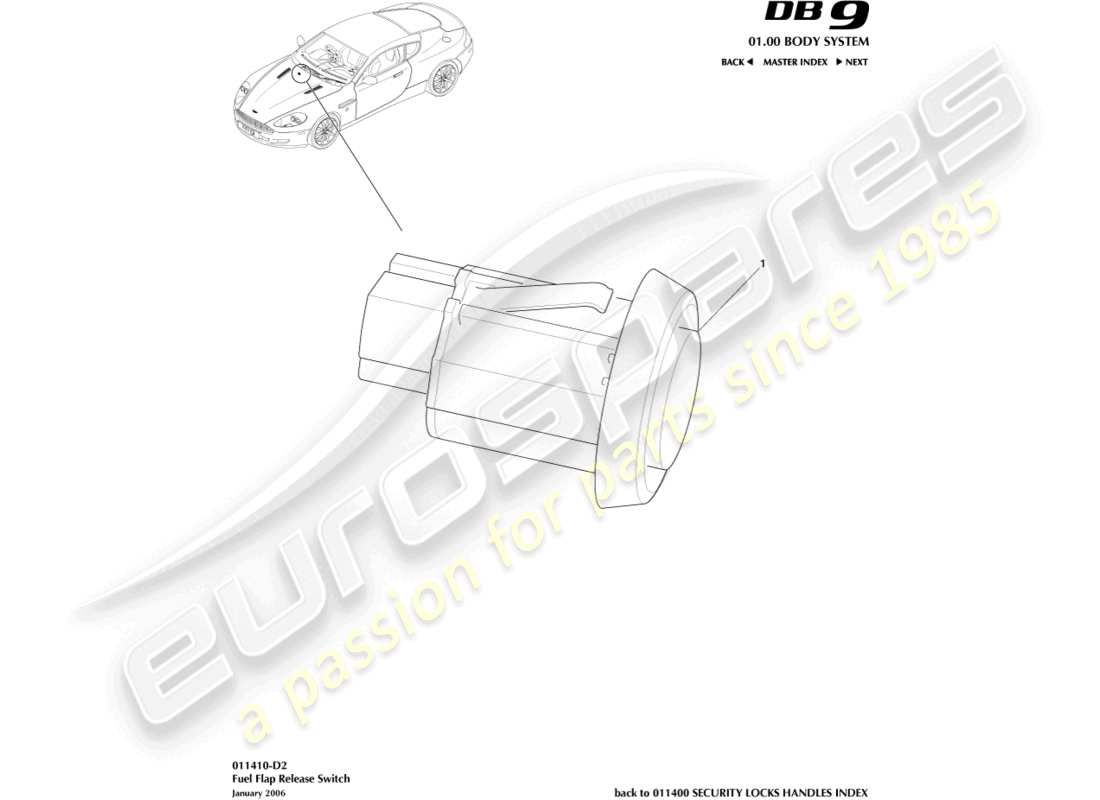 aston martin db9 (2012) teilediagramm des tankentriegelungsschalters