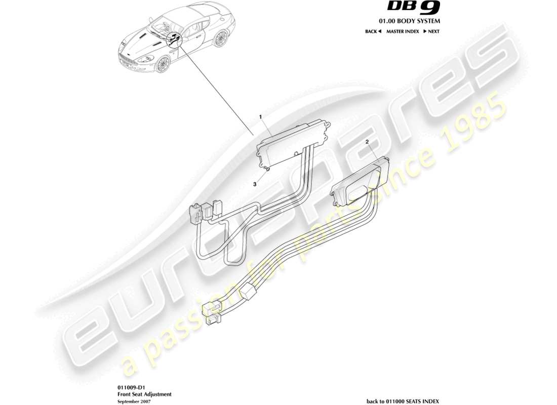 aston martin db9 (2005) teilediagramm zur vordersitzeinstellung