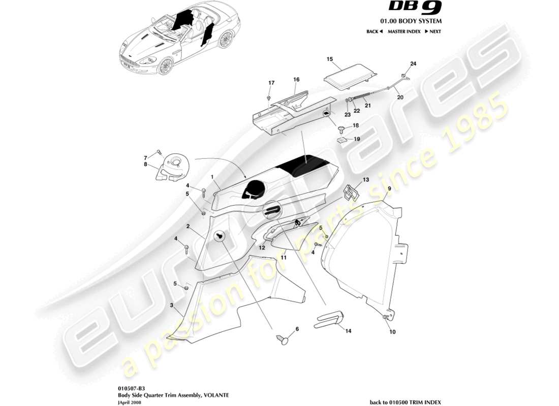 aston martin db9 (2011) karosserieseitige viertelverkleidung, volante teilediagramm