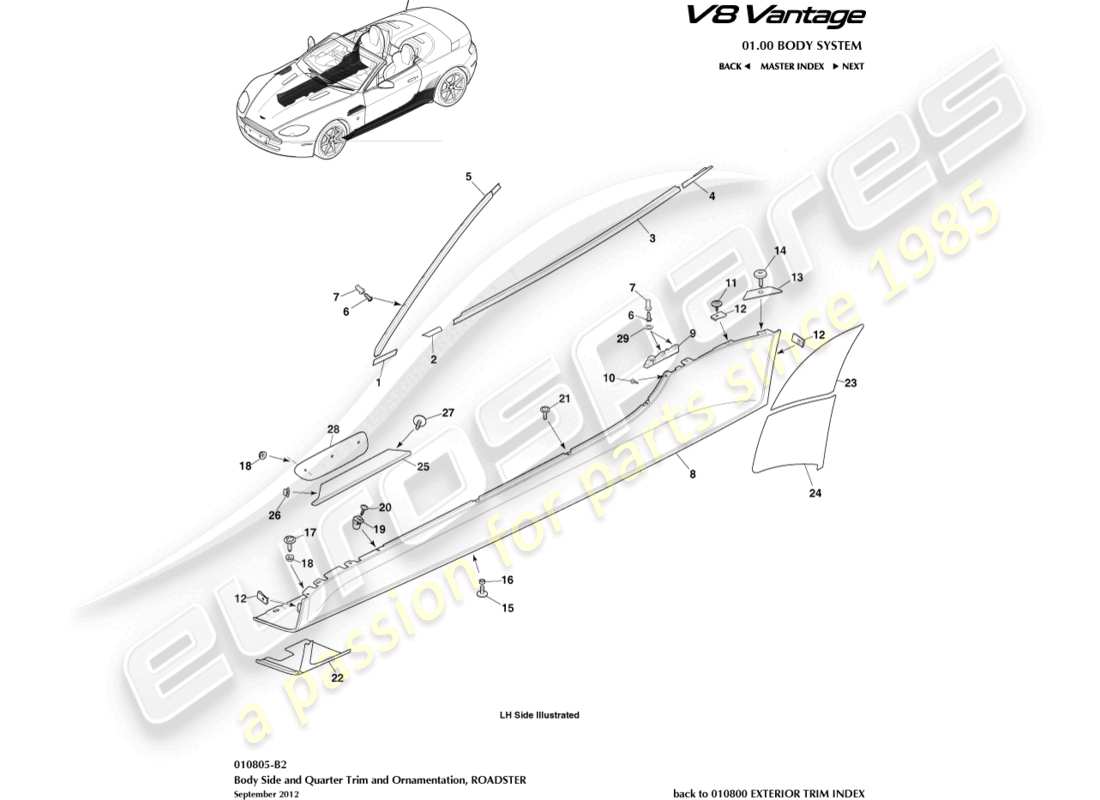 aston martin vantage gt8 (2017) seiten- und seitenverkleidung, roadster-teilediagramm
