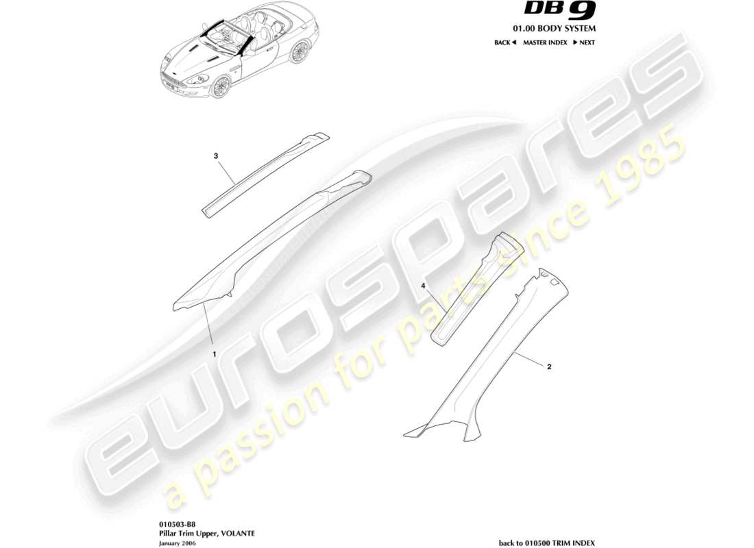 aston martin db9 (2009) säulenverkleidung oben, volante-ersatzteildiagramm