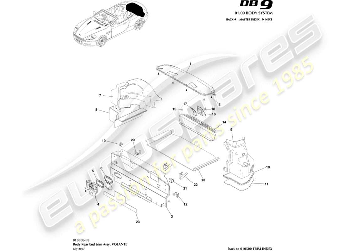 aston martin db9 (2008) heckverkleidung, volante-ersatzteildiagramm