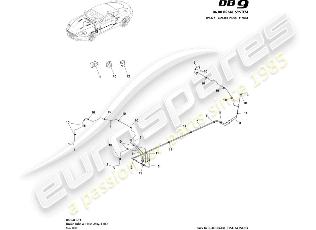 aston martin db9 (2007) bremsleitungen und -schläuche, lhd-ersatzteildiagramm