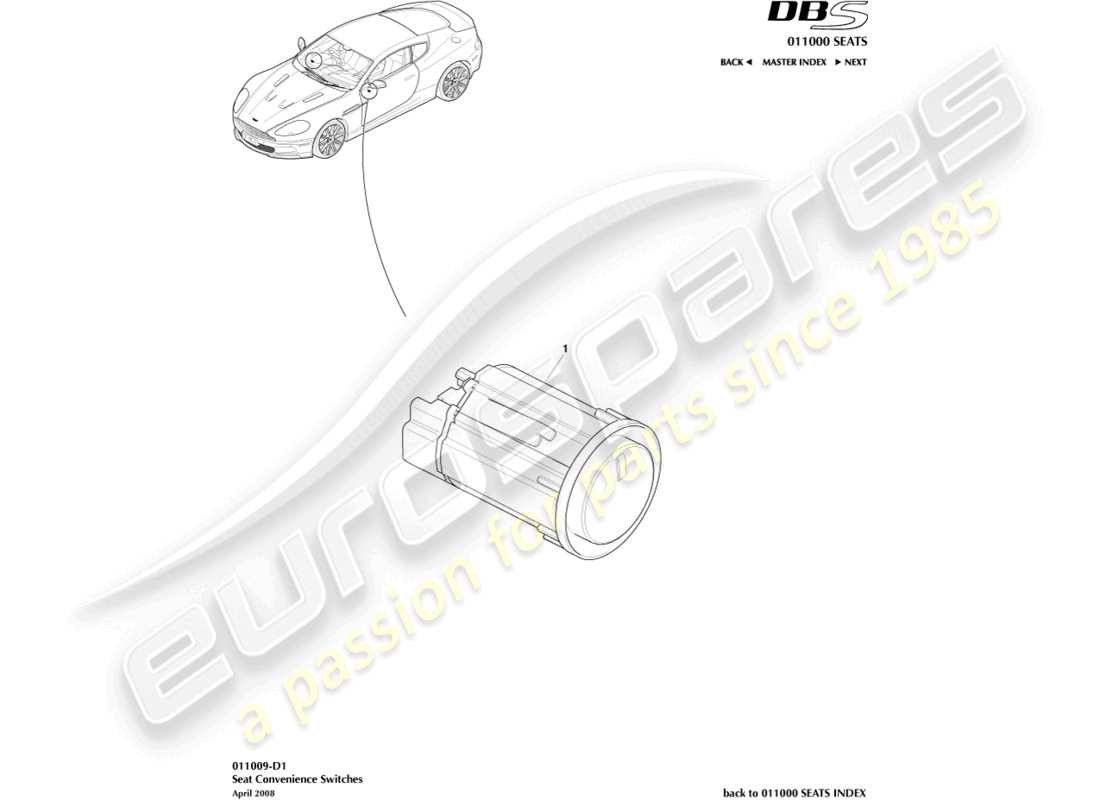 aston martin dbs (2009) teilediagramm für komfortschalter