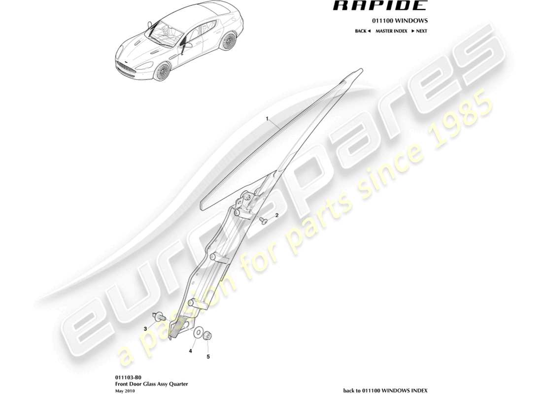 aston martin rapide (2011) teilediagramm für seitenfenster der vordertür