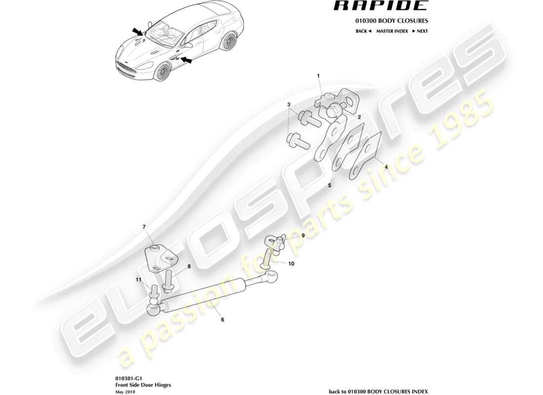 aston martin rapide (2011) teilediagramm der vordertürscharnierbaugruppe