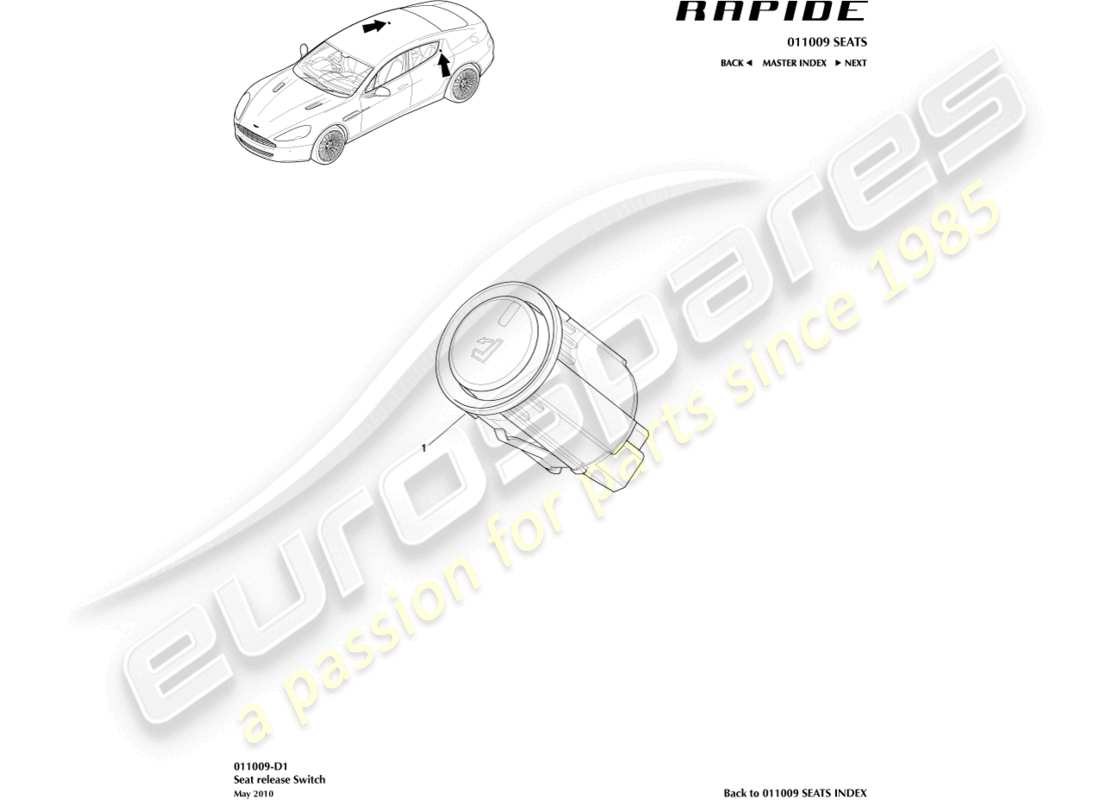 aston martin rapide (2011) teilediagramm für den sitzkomfortschalter