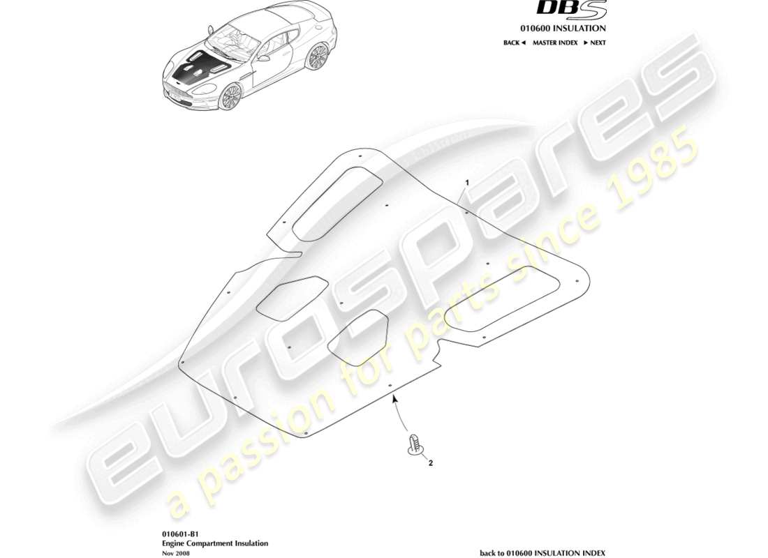 aston martin dbs (2008) schalldämmung, motorteildiagramm