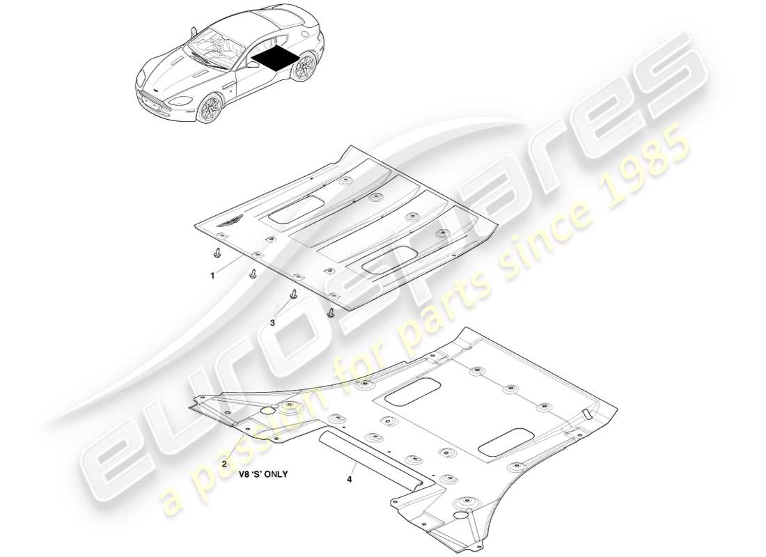aston martin v8 vantage (2005) teilediagramm für hinteren unterbodenschutz
