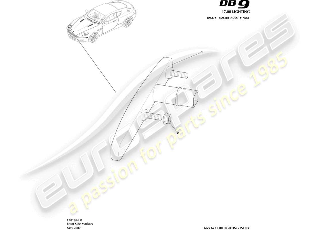 aston martin db9 (2012) teilediagramm für vordere seitenmarkierungen