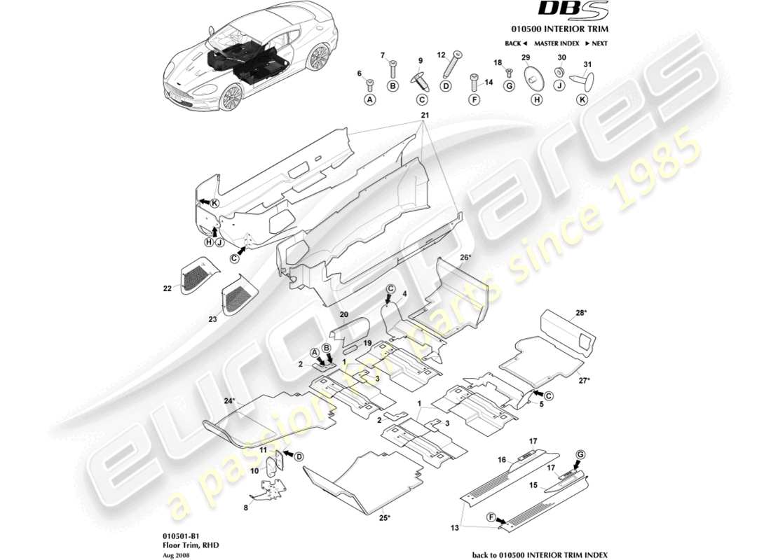 aston martin dbs (2008) bodenverkleidung, rhd-ersatzteildiagramm