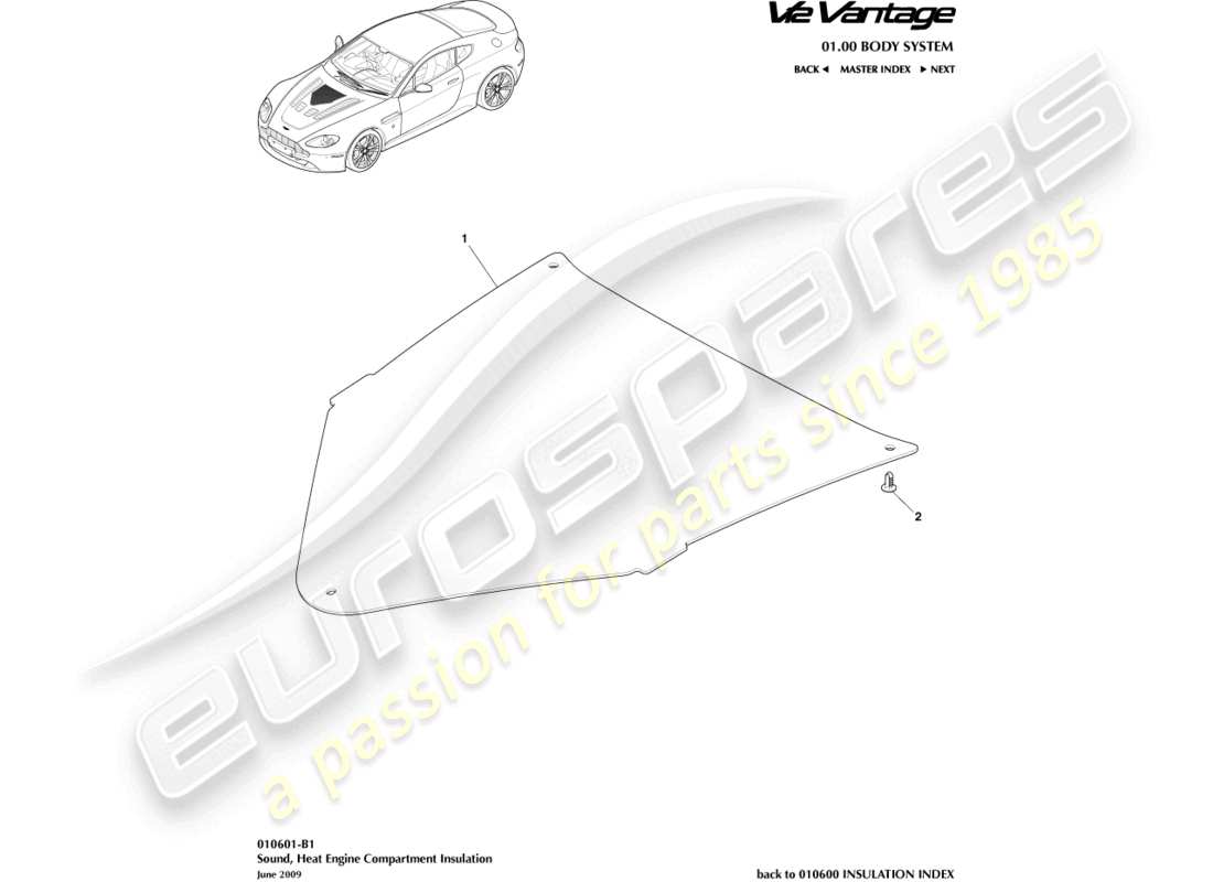 aston martin v12 vantage (2011) schalldämmung, motorteildiagramm