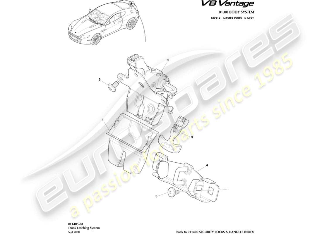 aston martin v8 vantage (2010) teilediagramm des kofferraumverriegelungssystems