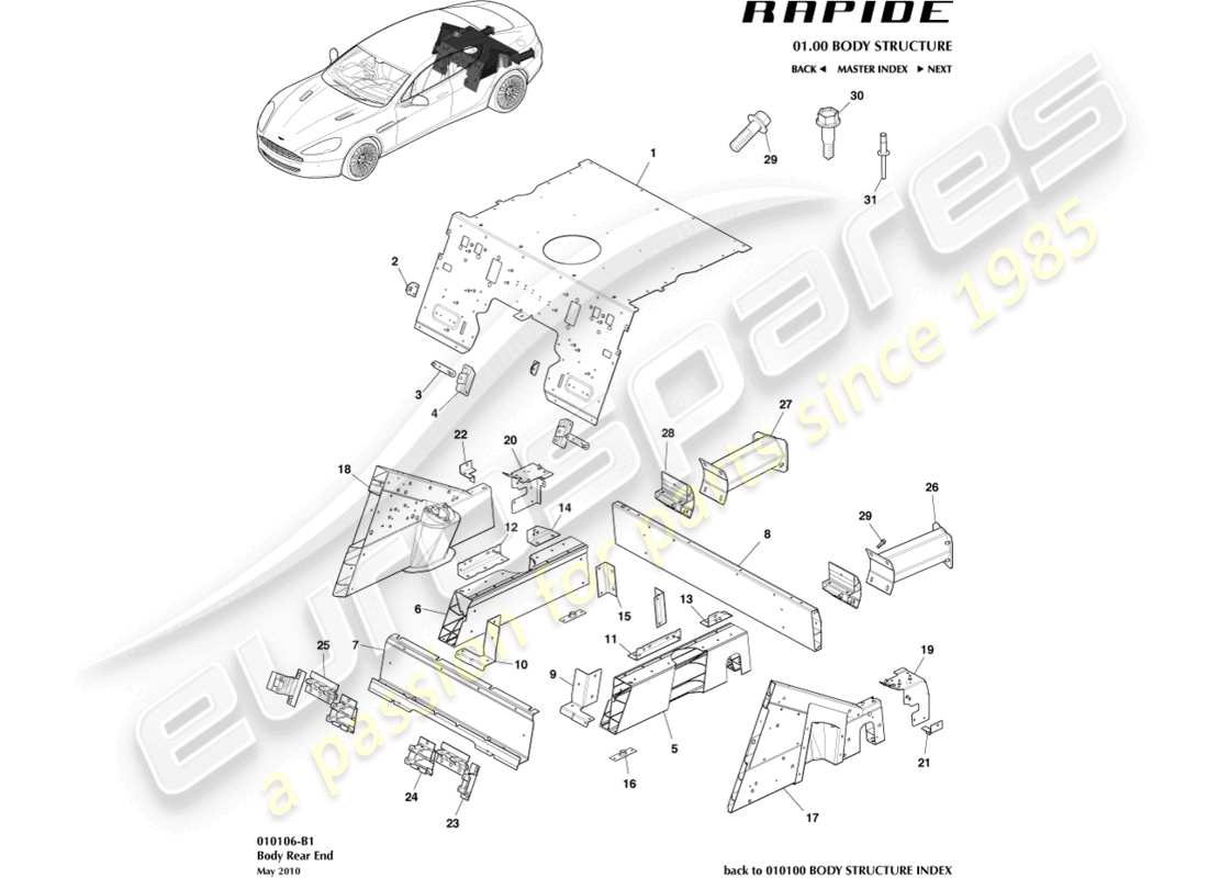 aston martin rapide (2011) teilediagramm für die karosserieheckpartie