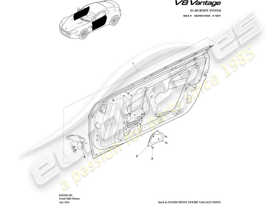 aston martin v8 vantage (2014) teilediagramm für vordere seitentüren