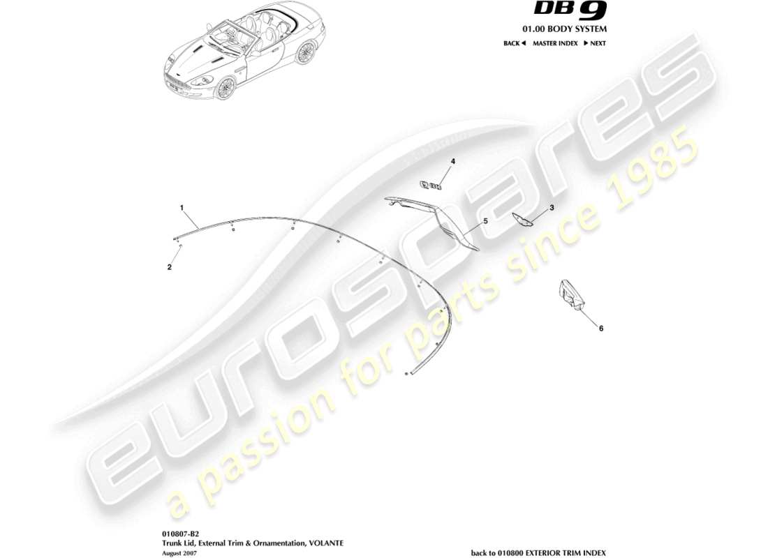 aston martin db9 (2011) kofferraumdeckelverkleidung, volante teilediagramm