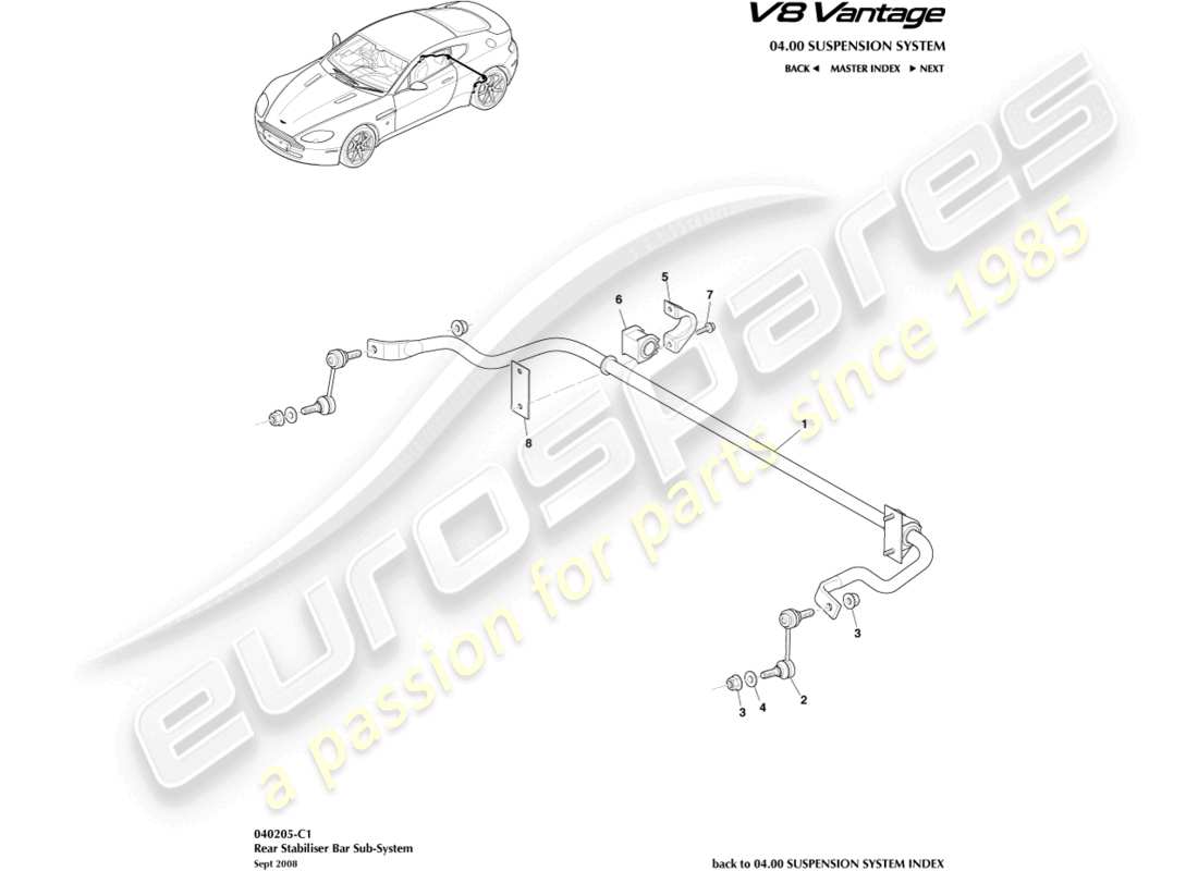 aston martin v8 vantage (2012) teilediagramm für hinteren stabilisator