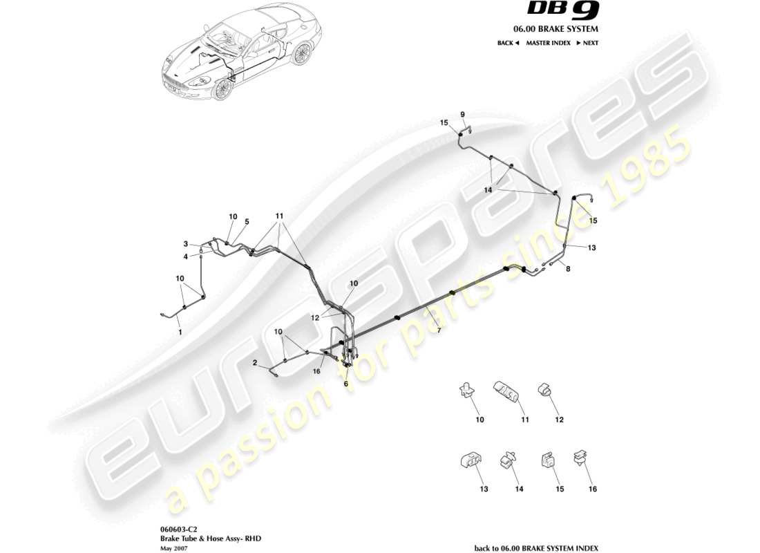 aston martin db9 (2006) bremsleitungen und -schläuche, rhd-ersatzteildiagramm