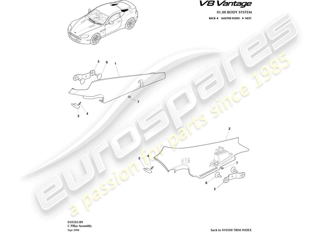 aston martin v8 vantage (2018) teilediagramm der c-säulenbaugruppe
