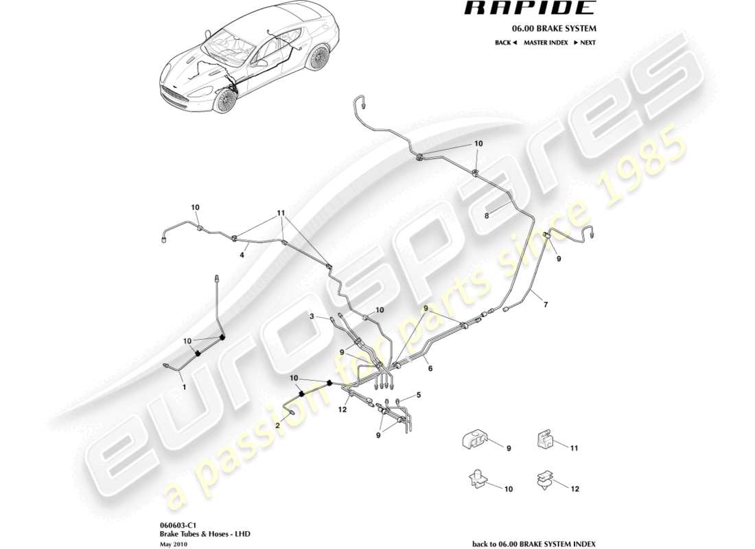 aston martin rapide (2011) bremsleitungen und -schläuche, lhd-ersatzteildiagramm