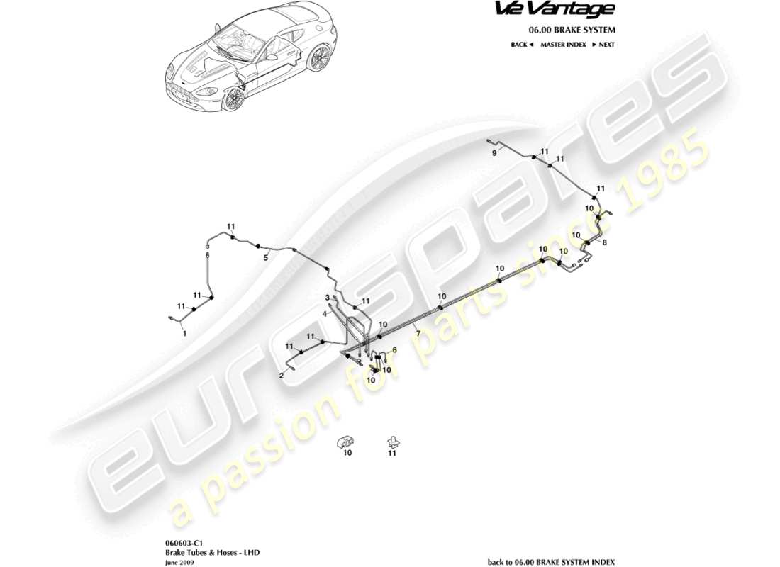 aston martin v12 vantage (2011) bremsleitungen und -schläuche, lhd-ersatzteildiagramm