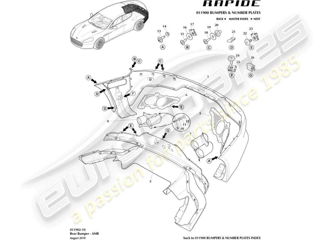 aston martin rapide (2011) heckstoßstange, amr-ersatzteildiagramm