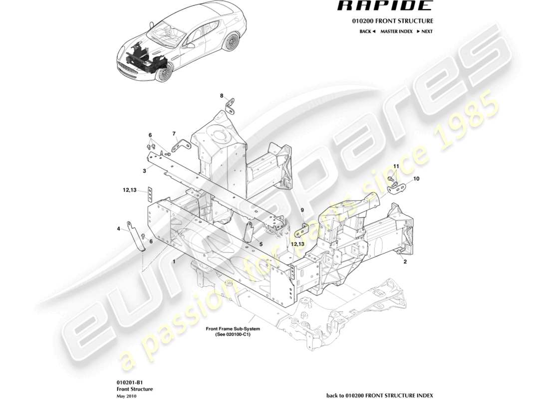 aston martin rapide (2011) teilediagramm der frontstruktur