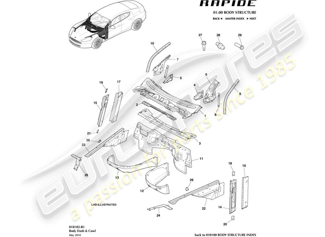 aston martin rapide (2011) teilediagramm für karosserie, armaturenbrett und motorhaube