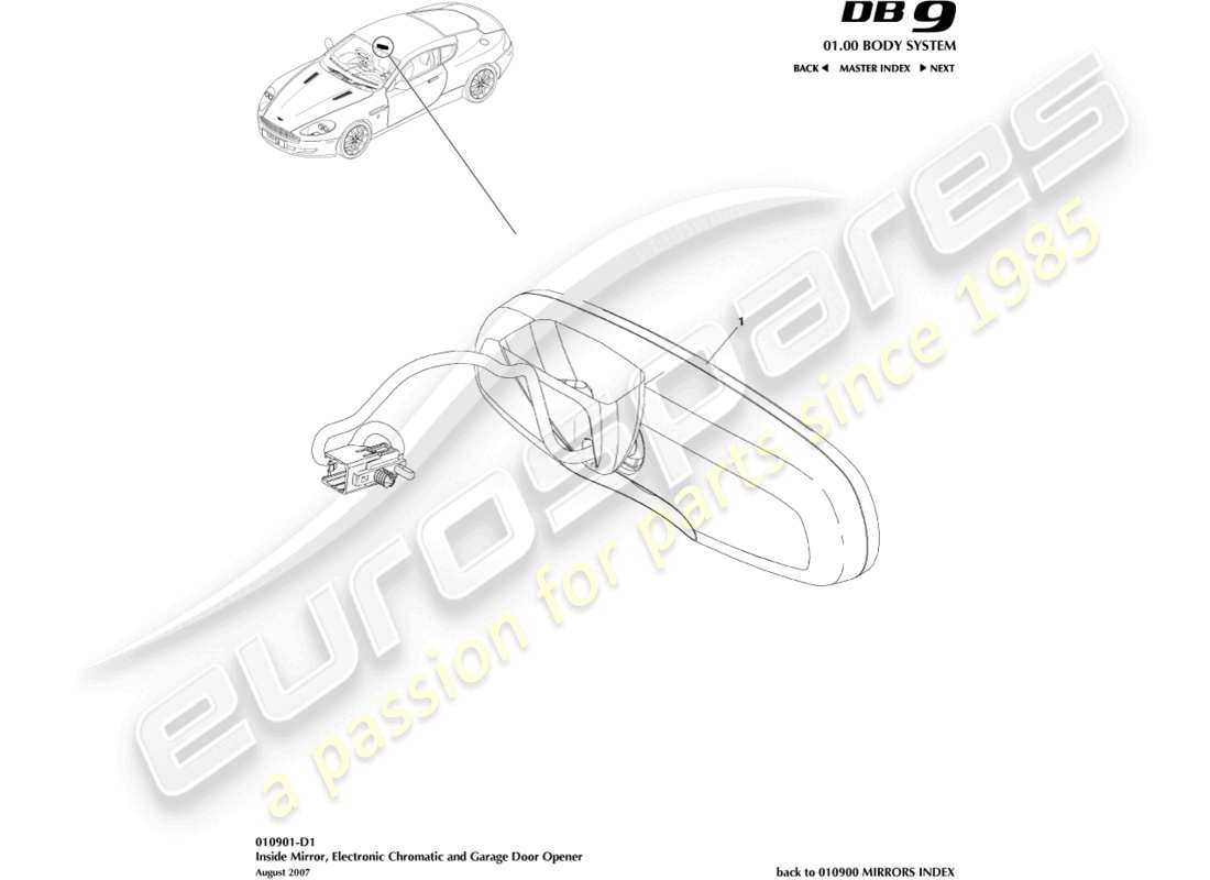 aston martin db9 (2010) innenspiegel, chromatisch, gdo-ersatzteildiagramm