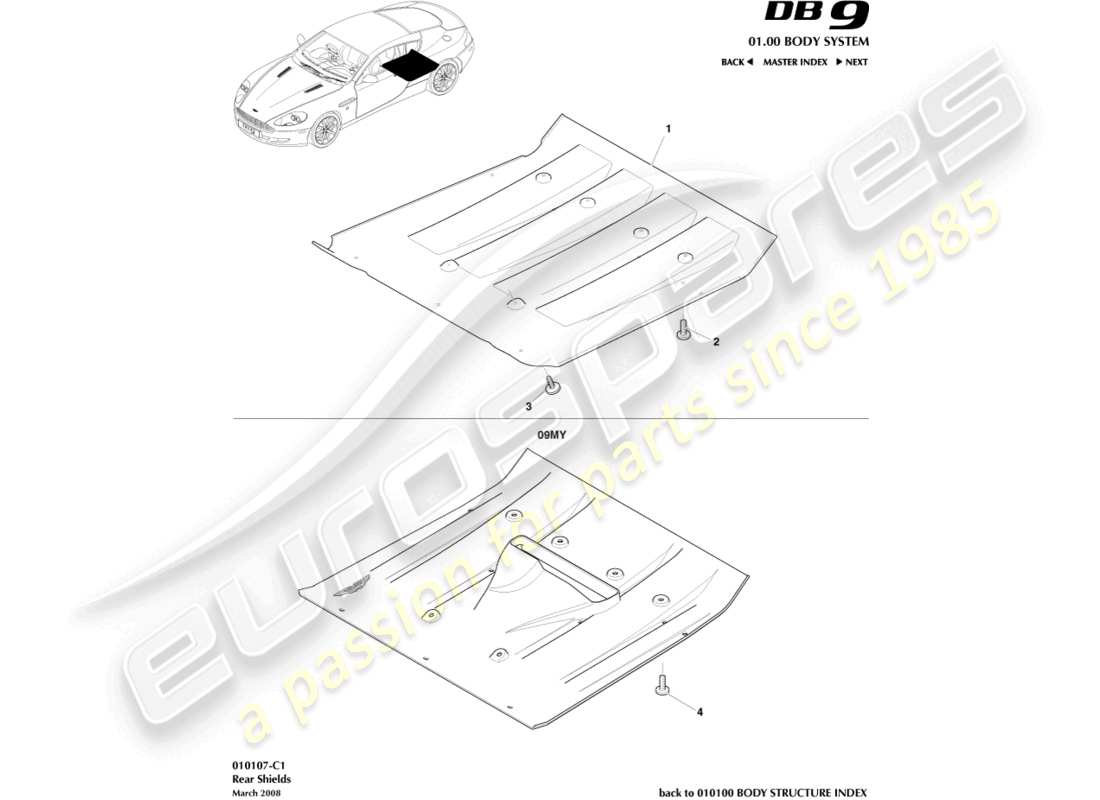 aston martin db9 (2007) teilediagramm für hinteren unterbodenschutz