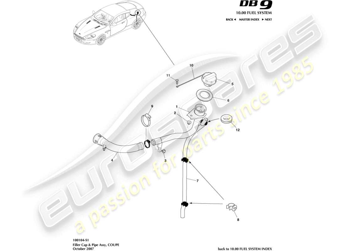 aston martin db9 (2009) tankdeckel und -rohr, coupé-teilediagramm