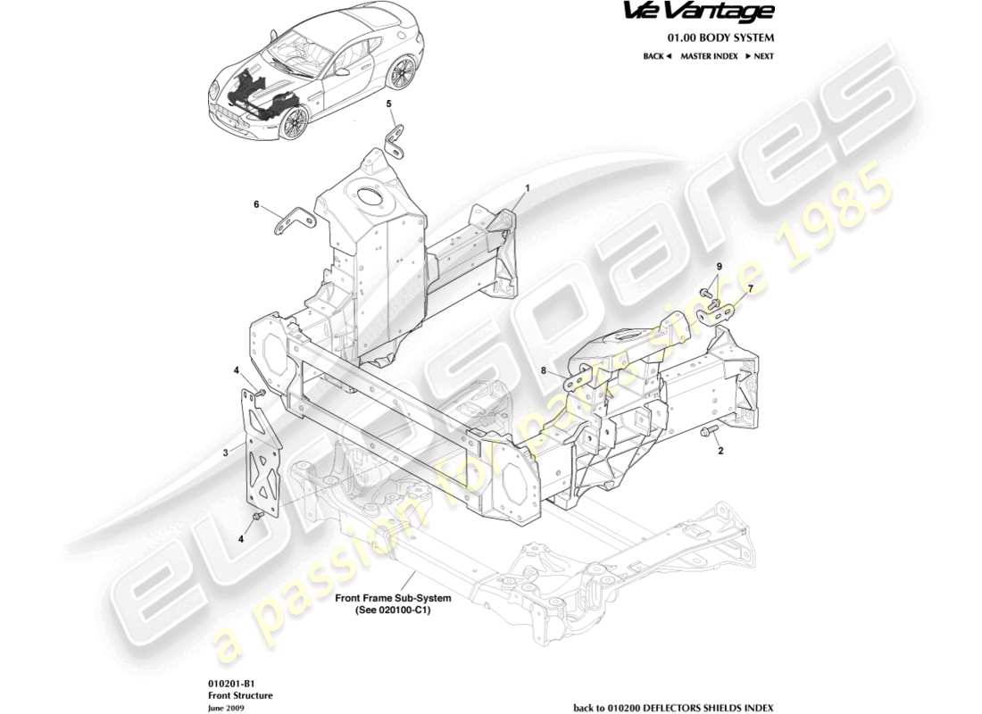 aston martin v12 vantage (2013) teilediagramm der frontstruktur