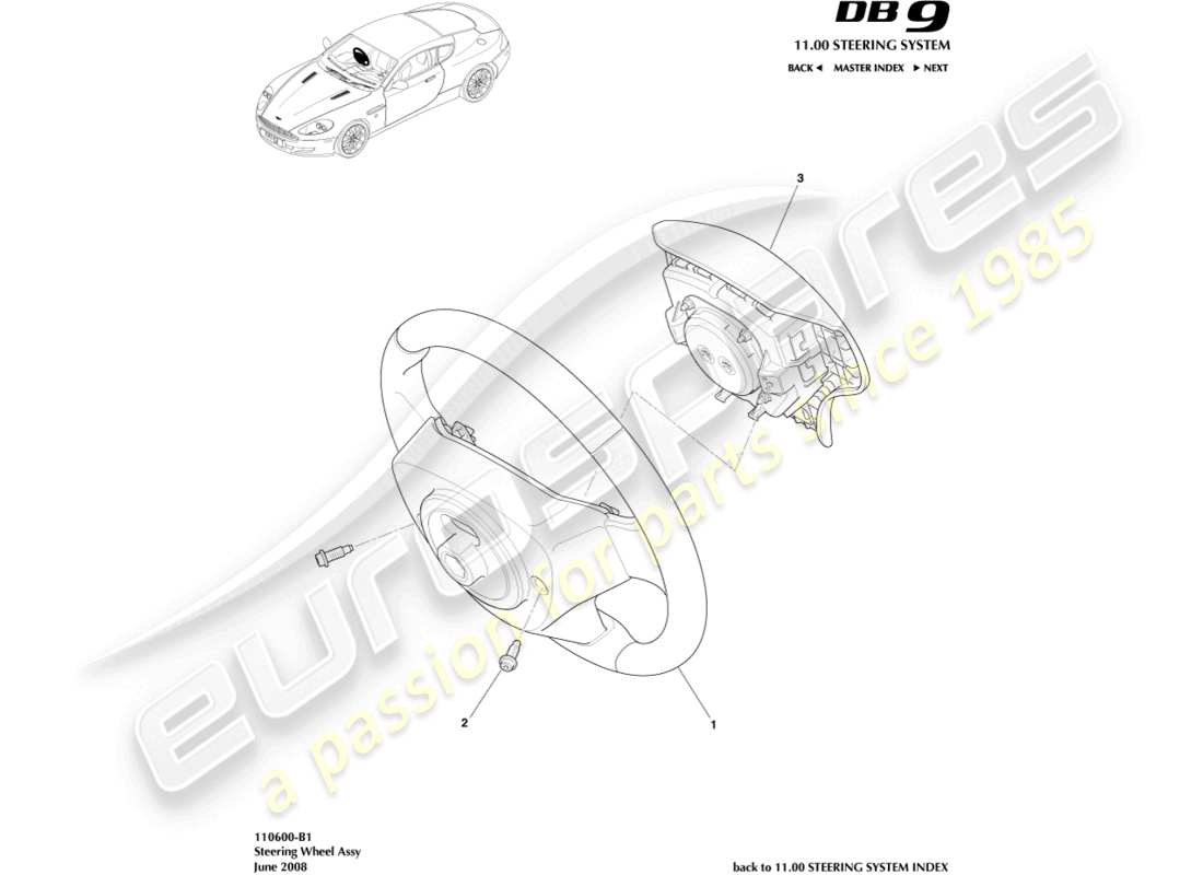 aston martin db9 (2007) teilediagramm der lenkradbaugruppe