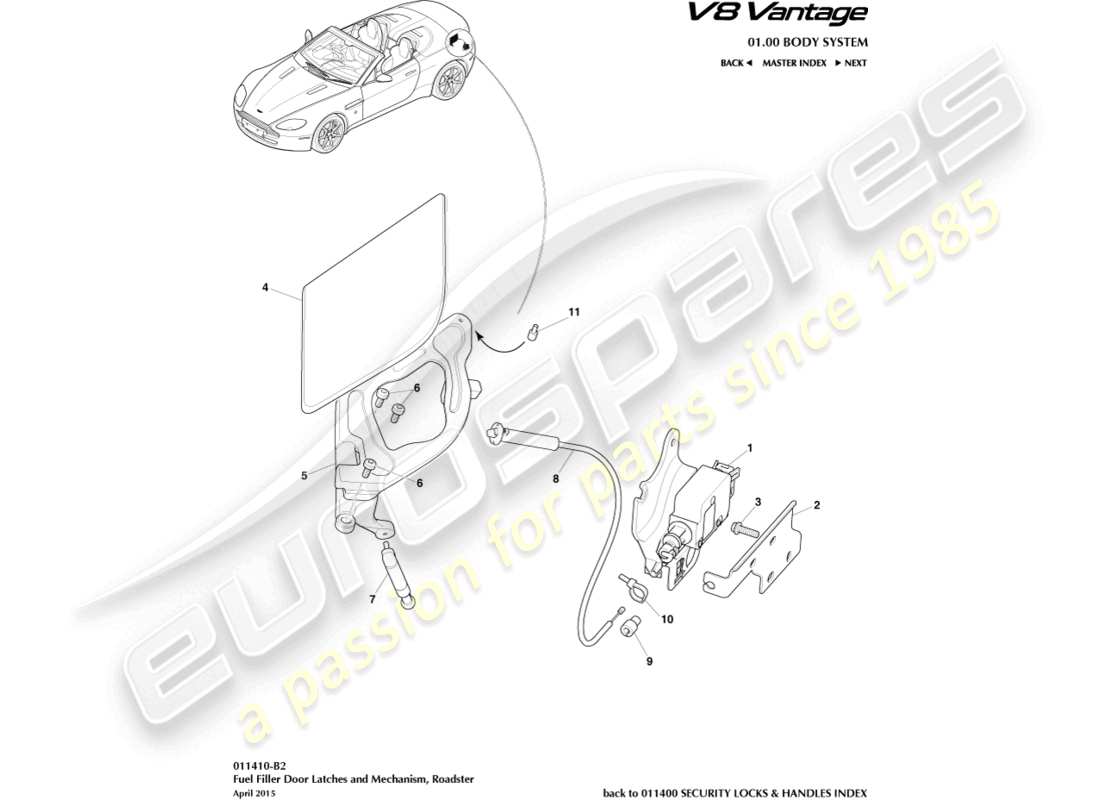 aston martin v8 vantage (2010) kraftstoffeinfüllmechanismus, roadster-teilediagramm