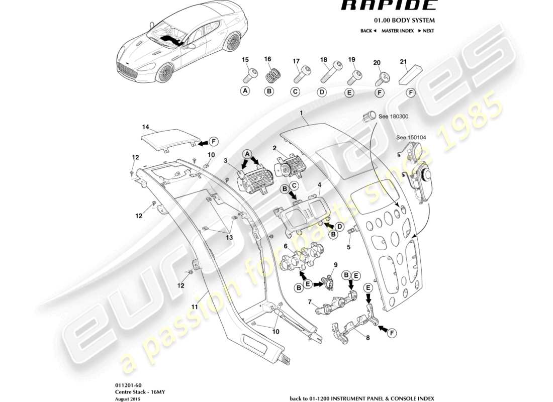 aston martin rapide (2011) mittelkonsolenverkleidung, s 16my ersatzteildiagramm